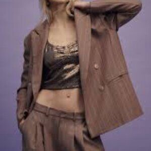Maeve (Anthropologie) brown tan pinstripe oversize double-breasted blazer XS P